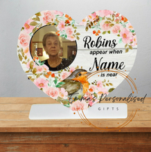 Load image into Gallery viewer, Robin&#39;s appear acrylic heart plaque
